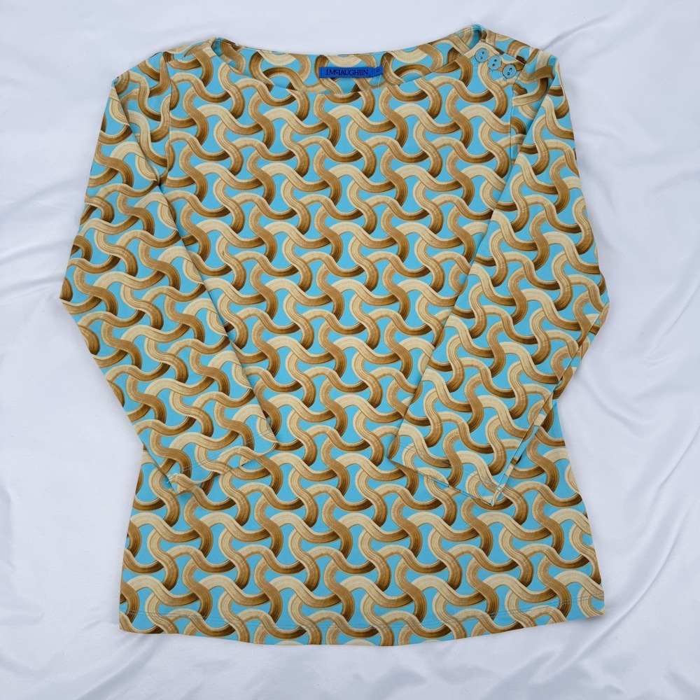 J.McLaughlin XS Catalina Cloth Top Wavesong 3/4 Sleeve Button Shoulder Aqua Gold - Picture 2 of 9